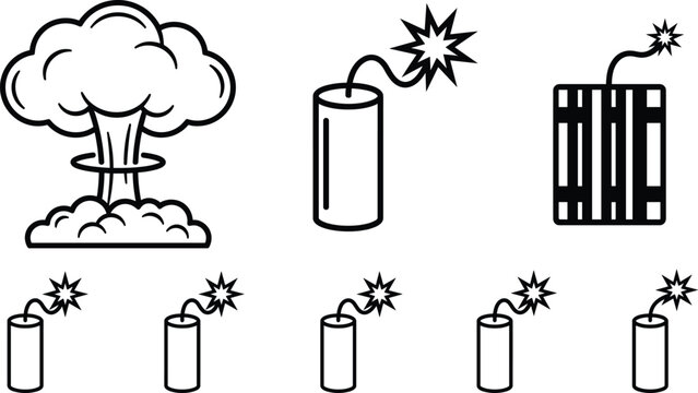 Explosion and dynamite line icon set with mushroom cloud bomb lit fuse tnt stick and danger weapon vectors