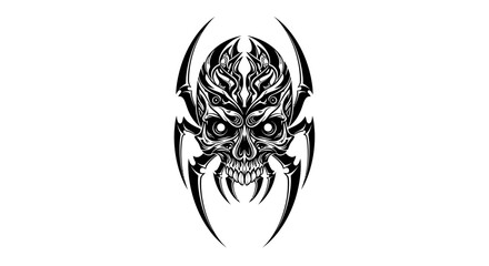 Fototapeta premium Intricate black and white tribal spider skull design with glowing eyes and sharp teeth, a menacing fantasy creature illustration.