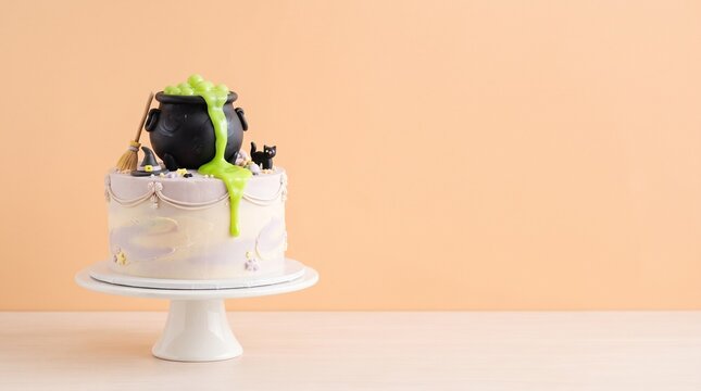 A creative Halloween cake featuring a witch's cauldron with green slime, a broom, a hat, and a black cat on a peach background.