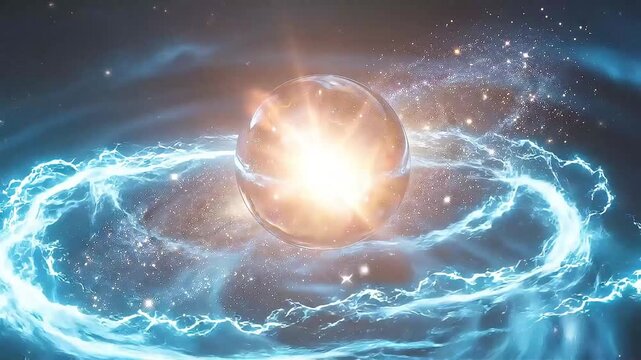 Loop video of a crystal sphere containing a nebula floating on swirling blue liquid energy