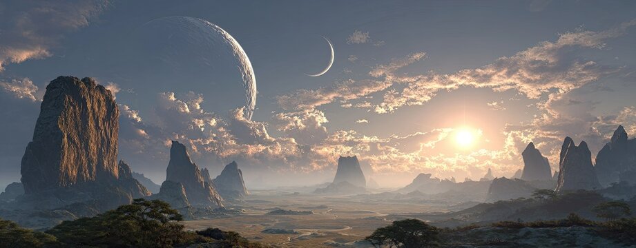 Alien landscape with dramatic rocky formations, sunrise, and two planets