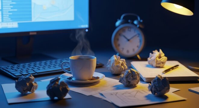 An overflowing workspace illuminated by flickering blue monitor light, featuring cold coffee, crumpled papers, and a ticking clock at night, productivity, lonely, atmosphere