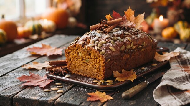Homemade pumpkin bread on a rustic wooden table, garnished with seeds, cinnamon, and star anise amidst autumn leaves and pumpkins.
