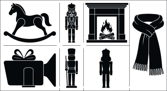 Christmas and winter holiday black silhouette icon set featuring nutcracker, rocking horse, fireplace, and scarf