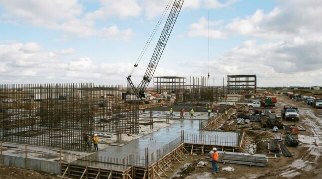 Construction Site Progress: A sprawling construction site bustles with activity as a large crane towers over partially erected steel structures and concrete foundations.