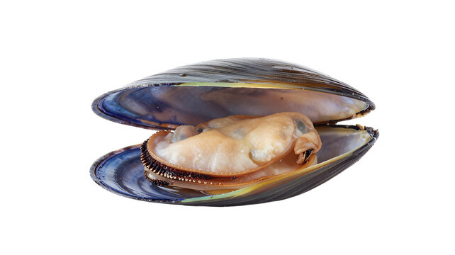 Fresh raw sea mussel with opened shell isolated on white background
