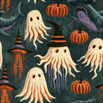 Halloween ghost octopus pattern with pumpkin and witch hat creates spooky festive ocean vibe
