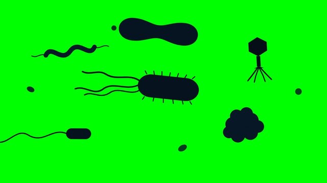 Microscopic World Diverse Bacteria and Viruses Collection on Green Background.