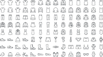 Fototapeta premium Fashion Apparel and Clothing Wardrobe Icon Set with Shirts Pants Shoes Underwear and Daily Accessories Graphic Line Art Minimalist Vectors