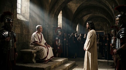 Fototapeta premium Roman soldiers observe as Jesus faces Pontius Pilate in a historical judgment scene.