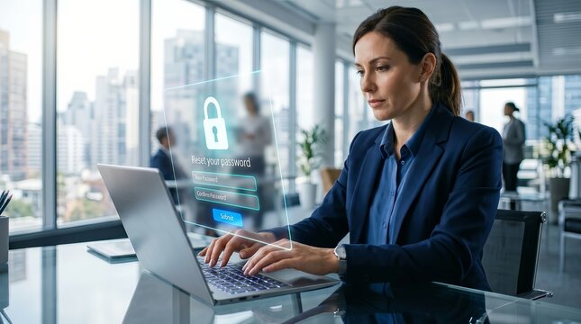 A professional woman using a laptop with a holographic login and password reset display.