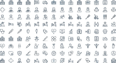 Fototapeta premium Medical Healthcare and Hospital Icon Set with Doctor Avatars Clinical Equipment Medicine Bottles Internal Organs and Patient Care Symbols Hand Drawn Line Art Vectors