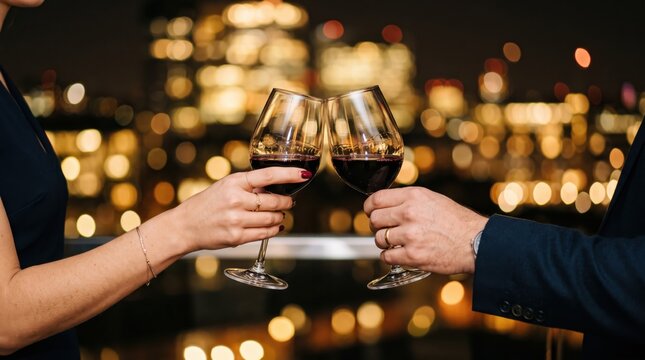 Couple clinking red wine glasses in romantic toast against city lights at night, celebration and love, elegant evening drink, anniversary or date night atmosphere, urban skyline