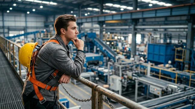 Manufacturing facility worker wearing safety gear and a hard hat looks thoughtful while considering future improvements.