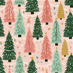 Fototapeta premium Christmas tree pattern with retro Nordic style pastel colors, festive holiday decoration with stars and ornaments