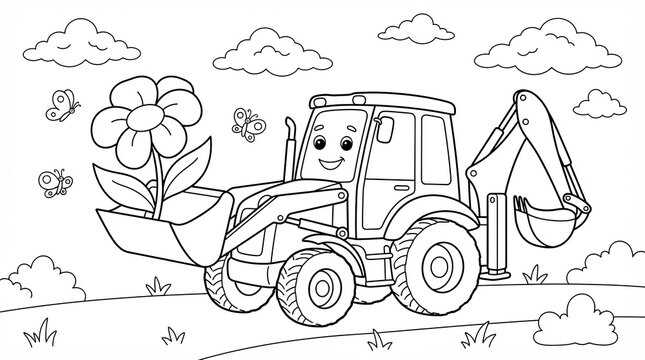 Cute cartoon tractor with a large flower for kids coloring page