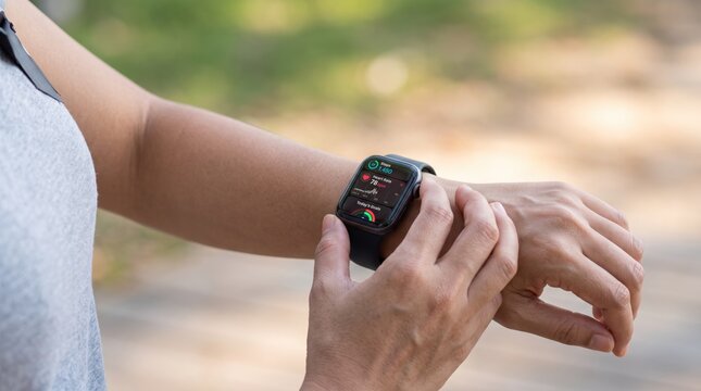 Woman checking heart rate and workout stats on smart watch during outdoor run, fitness tracker app interface visible on wrist device screen, healthy lifestyle monitoring activity