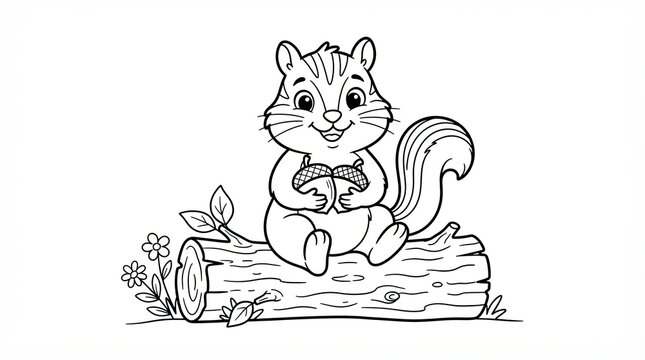 Cute cartoon squirrel holding an acorn sitting on a wooden log for coloring
