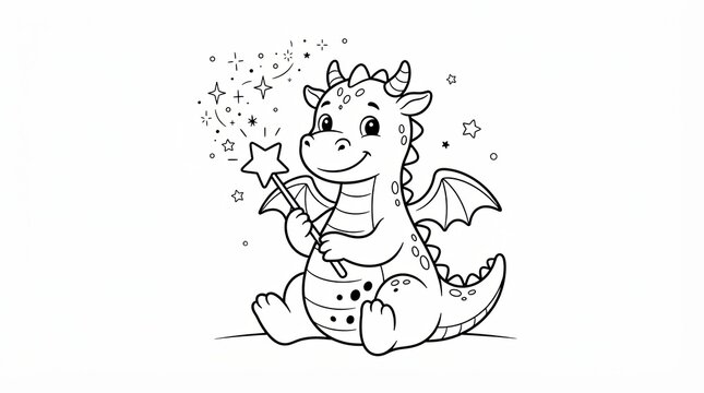 Cute cartoon dragon holding a magic wand with stars for coloring page