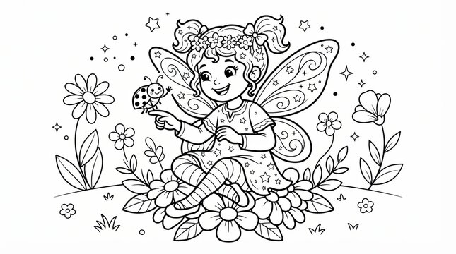 Cute little fairy girl sitting on flowers with a ladybug coloring page