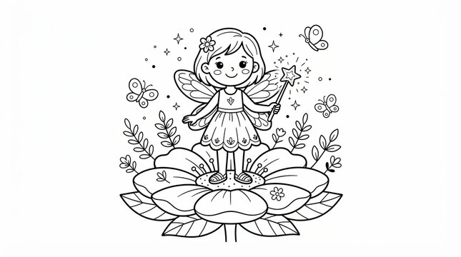 Cute little fairy girl standing on a big flower for coloring page