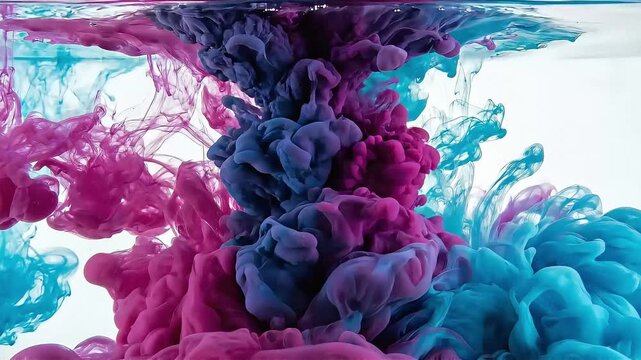 Abstract footage of pink and blue ink swirling in clear water on a white background loop.