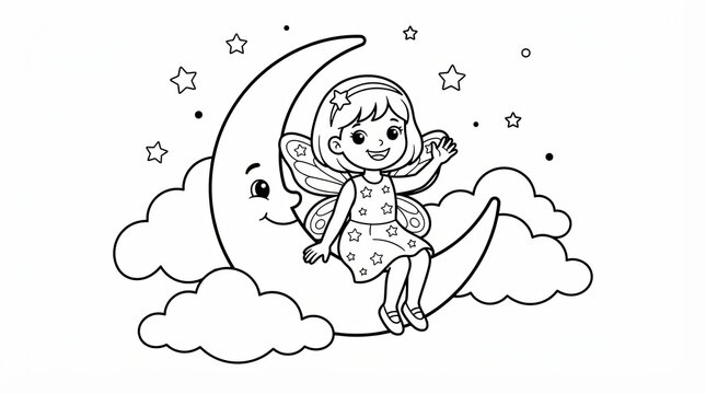 Cute fairy sitting on a crescent moon with stars and clouds coloring page