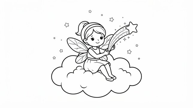 Cute little fairy girl sitting on a cloud holding a magic star wand