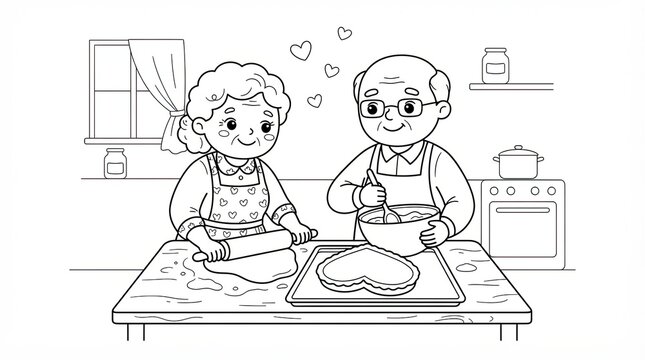 Happy elderly couple baking heart shaped cookies in the kitchen