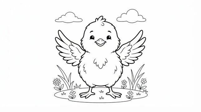 Cute little baby chicken spreading wings for a coloring book page