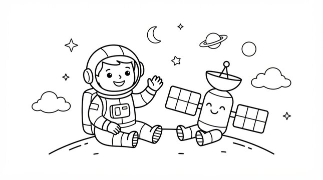 Cute astronaut and friendly satellite character coloring page for kids