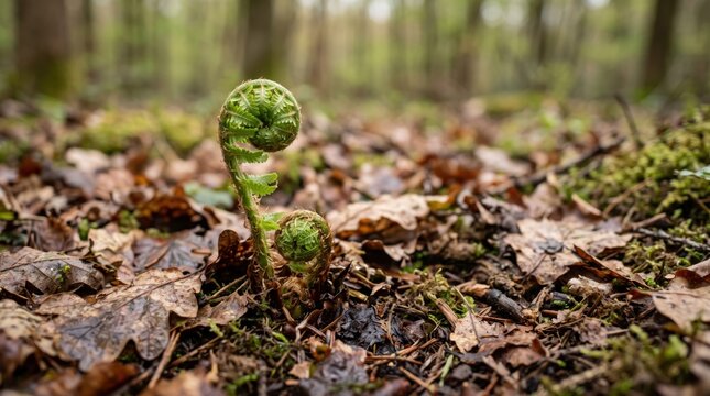 Close up of a young green fern fiddlehead uncurling from the forest floor, surrounded by brown oak leaves and moss in a spring woodland, symbolizing new life, nature growth