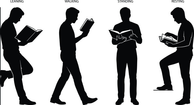 Set of male silhouettes reading books in various poses including walking, standing, leaning, and resting