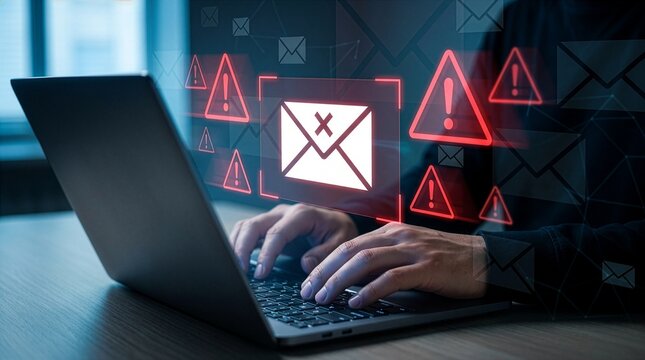 Email security alert concept. Person using laptop with warning envelope icons. phishing detection, suspicious message prevention, spam filtering, cyber threat monitoring, secure new