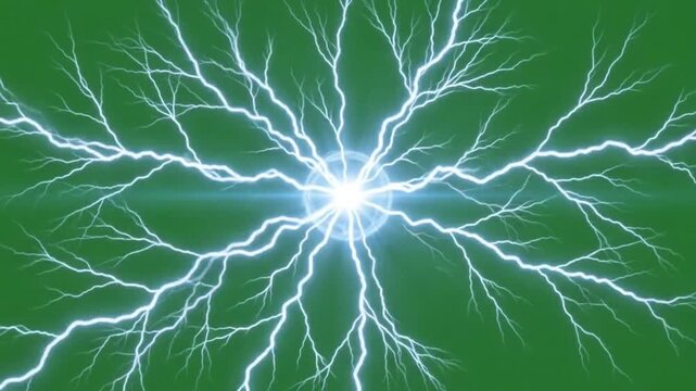 Powerful Electric Lightning Burst On Green Screen Background Effect 4k