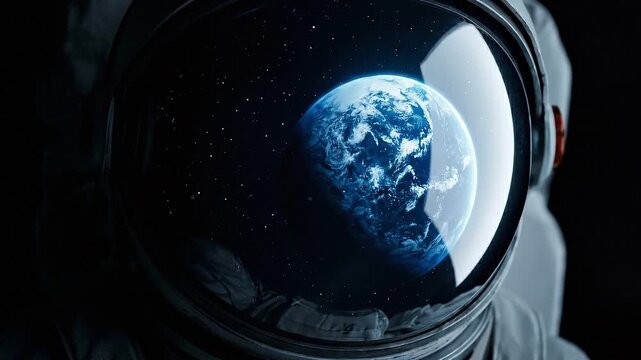 Astronaut Helmet Close Up with Planet Earth Reflection in Deep Space