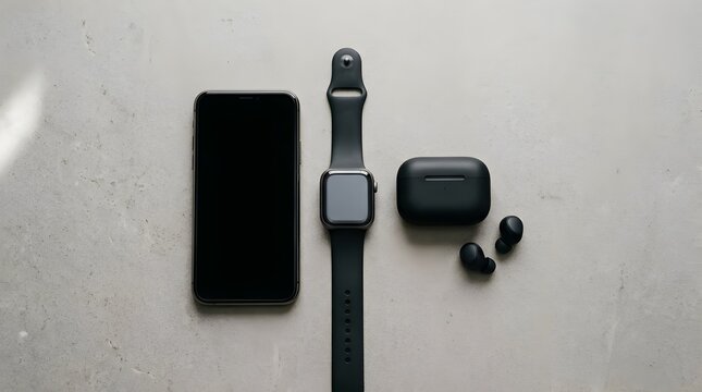 Flat lay of black personal electronic devices including a touch screen smartphone, smart watch with wristband, and wireless earphones with charging case on grey background texture.