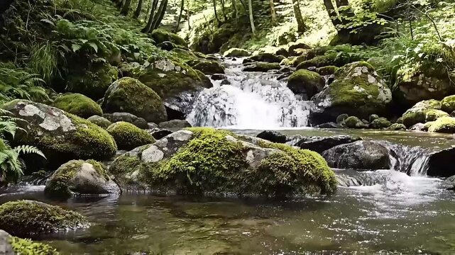 Close up footage of clear water flowing over green mossy rocks in a peaceful mountain stream.