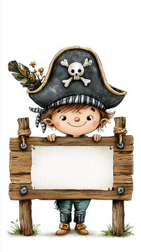 Cute smiling pirate boy wearing a hat with a skull and crossed bones with a blank wooden sign on white background