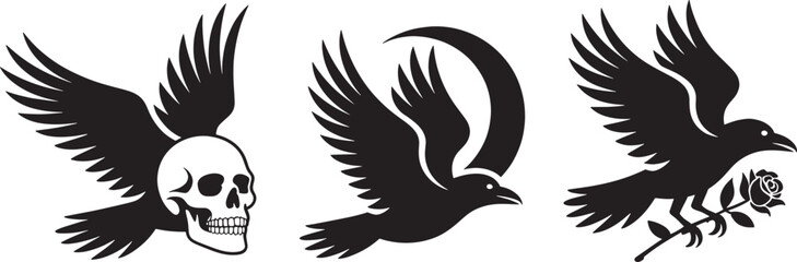 Naklejka premium Set of crow and raven birds with various elements like a skull, crescent moon, and rose flower.