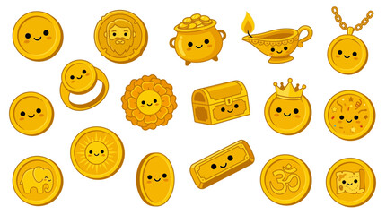 A charming collection of kawaii-style golden treasures, including coins, a pot of gold, a treasure chest, and jewelry, all with adorable smiling faces. © jaina