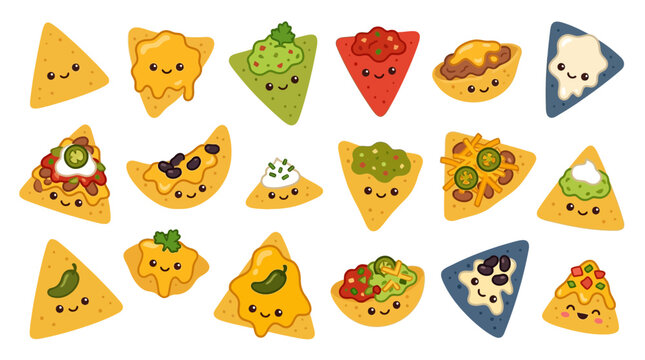 A vibrant collection of kawaii-style nachos, each uniquely topped with various delicious ingredients and featuring adorable smiling faces.