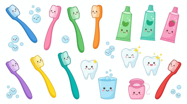 A collection of cute cartoon dental hygiene items including toothbrushes, toothpaste, dental floss, and smiling teeth.