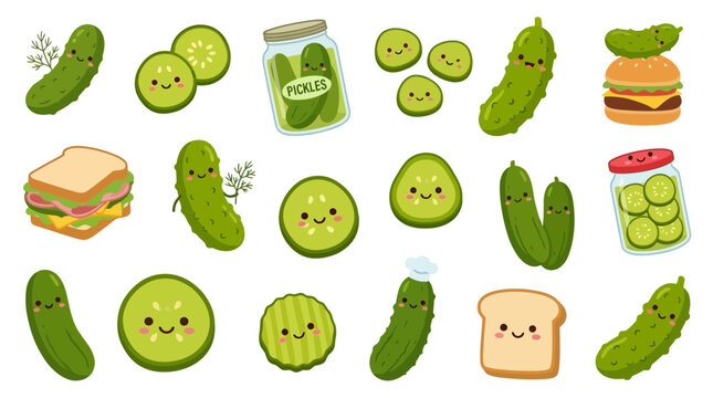 A vibrant collection of cute cartoon pickles in various forms, including whole pickles, sliced pickles, jars of pickles, and pickles incorporated into food items like sandwiches and burgers.