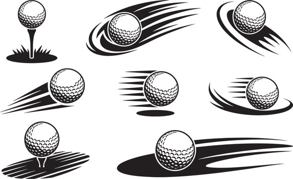 Set of golf ball movement icons with speed trails and motion lines showing fast flight and impact.
