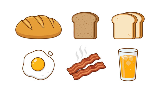 Breakfast Food Vector Icon Set with Fresh Bread Toast Fried Egg Bacon and Orange Juice for Morning Cafe Menu Designs