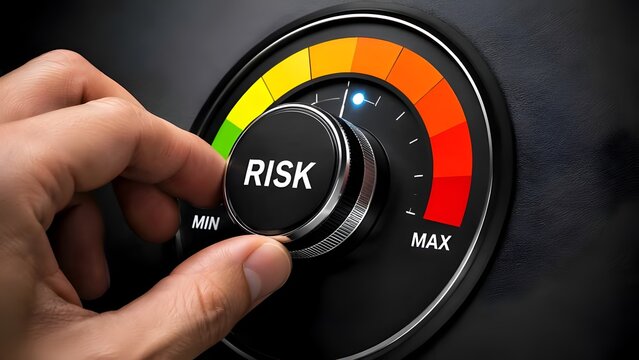 Hand turning a dial knob to maximum high risk level on a control panel representing aggressive financial investment strategy