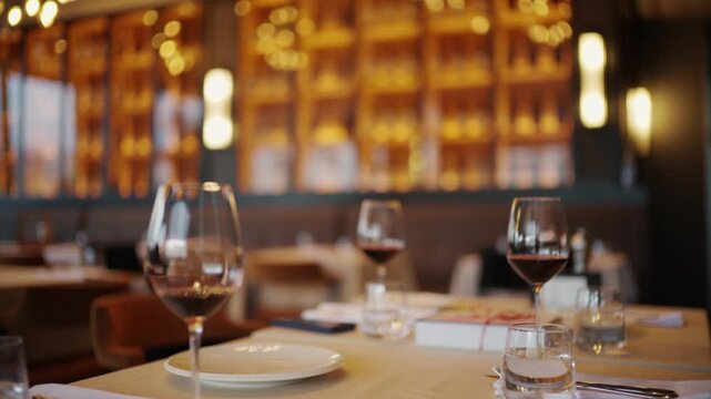 Elegant table setting inside upscale restaurant featuring wine glasses and romantic ambiance.