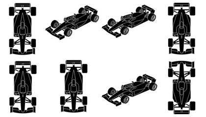 Fototapeta premium Set of black silhouette icons of formula one race cars displayed from different angles including top side and isometric perspective views.