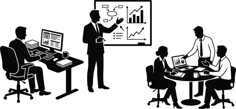 Business Teamwork Vector Illustration of Office Collaboration, Data Analysis, and Corporate Presentation Scene